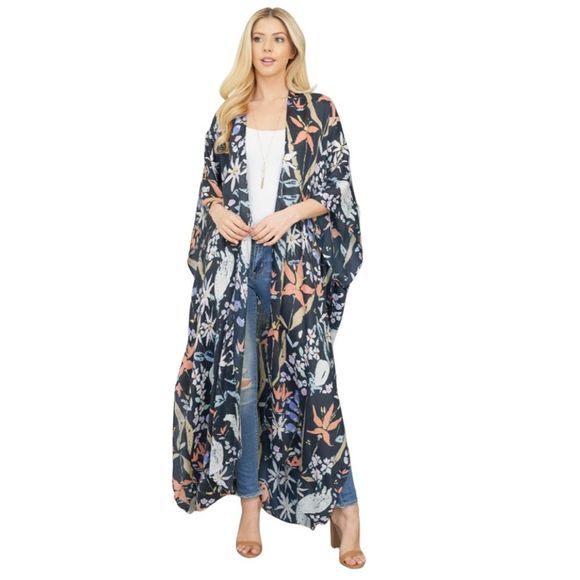 Long Floral Print Boho Open Front Kimono. One Size - Picture 4 of 7